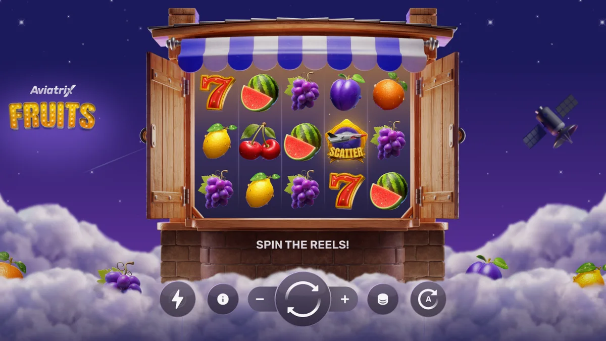 Interface de jogo do slot Aviatrix Fruits com elementos visuais de aviação e frutas clássicas