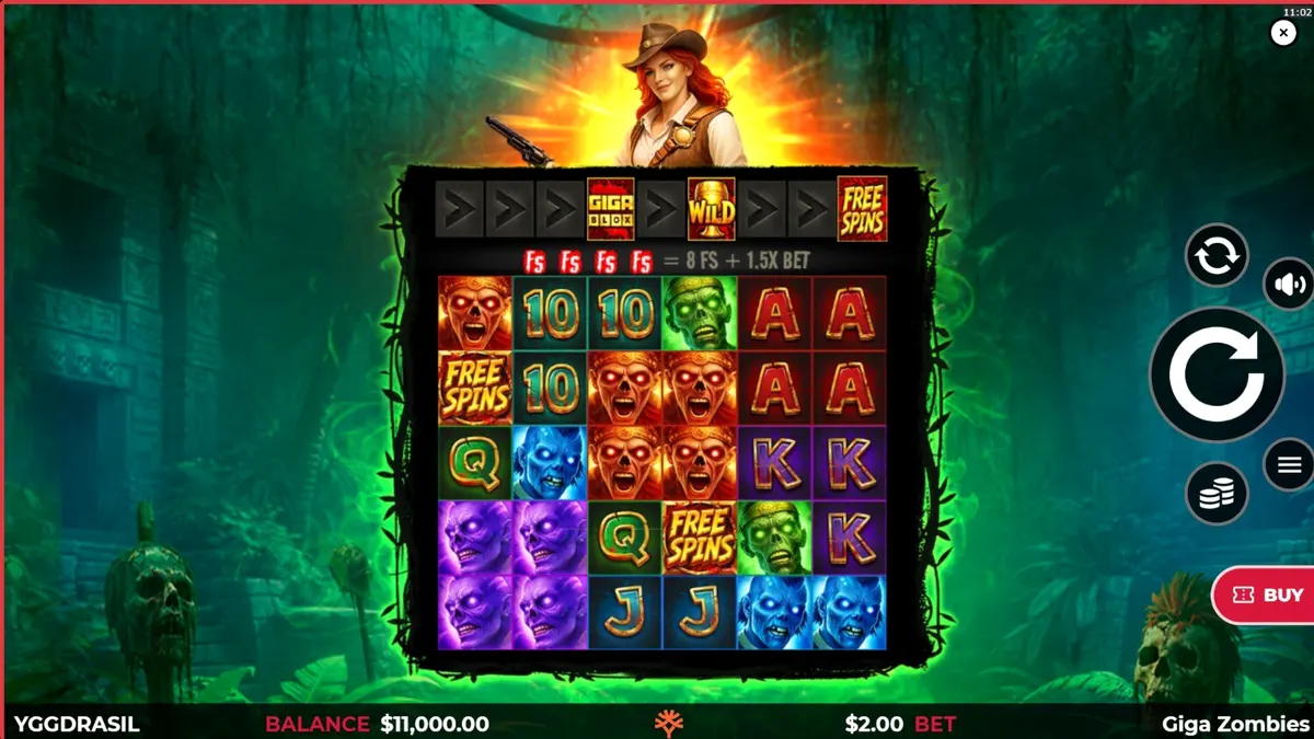 Cena de jogo do slot Giga Zombies com zumbis e temática maia