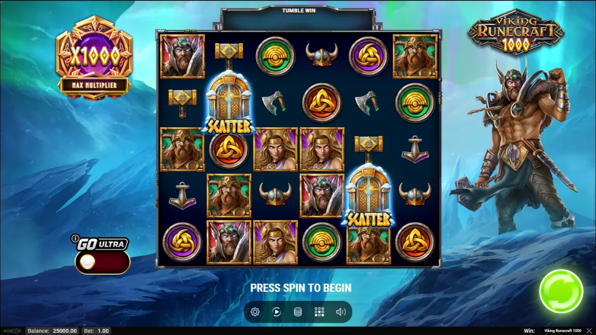 Interface do slot Viking Runecraft 1000 com símbolos nórdicos e grade de jogo
