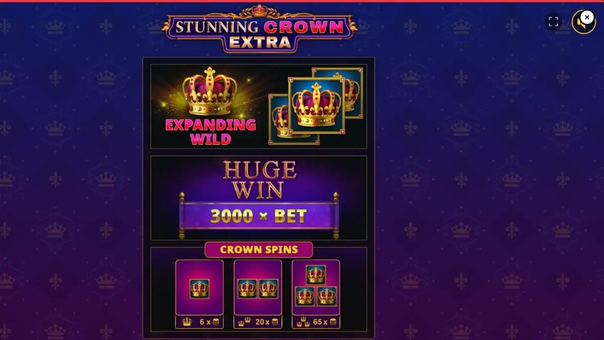 Interface do jogo de slot Stunning Crown Extra com símbolos de coroas e frutas